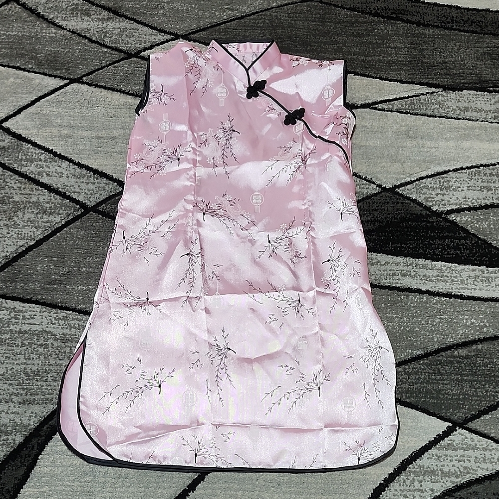 GIRLS CHINESE PINK & BLACK SILK SLEEVELESS QIPAO CHEONGSAM DRESS